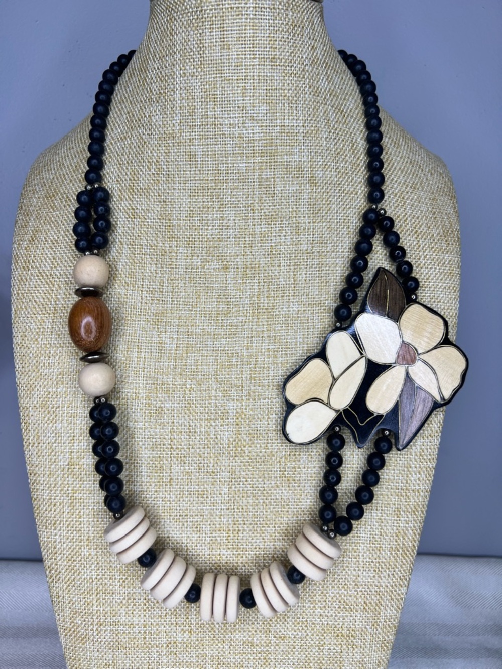 Handcrafted Black and Cream Inlaid Wood Floral Bead Lucite & Wood Necklace